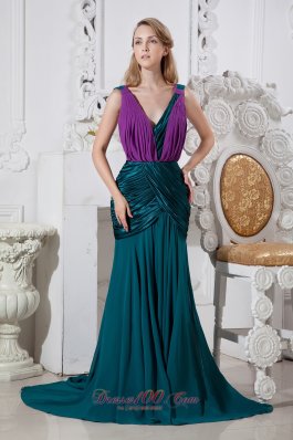 Peacock Green and Purple Mermaid V-neck Prom Dress Ruched