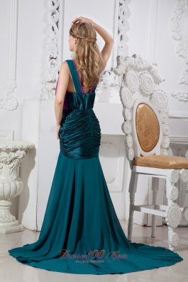 Peacock Green and Purple Mermaid V-neck Prom Dress Ruched