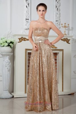 Banded Waist Champagne Sequin Prom Dress with Bowknot