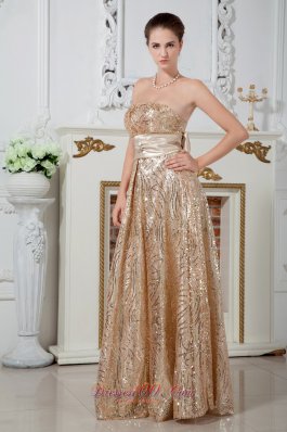 Banded Waist Champagne Sequin Prom Dress with Bowknot