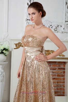 Banded Waist Champagne Sequin Prom Dress with Bowknot