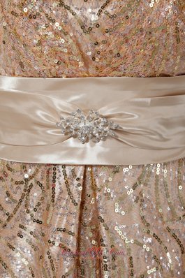 Banded Waist Champagne Sequin Prom Dress with Bowknot