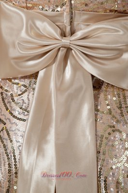 Banded Waist Champagne Sequin Prom Dress with Bowknot