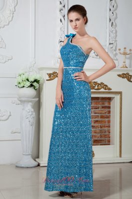 Dodger Blue One Shoulder Bowknot Prom Celebrity Dress Sequin Beaded