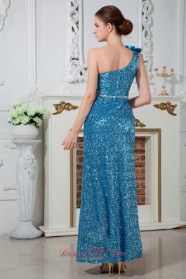 Dodger Blue One Shoulder Bowknot Prom Celebrity Dress Sequin Beaded