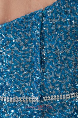 Dodger Blue One Shoulder Bowknot Prom Celebrity Dress Sequin Beaded