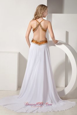 Seductive Two-toned White V-neck Evening Dress With Front Slit