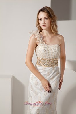 Floral One-shoulder Banded Waist Lace White Prom Celebrity Dress