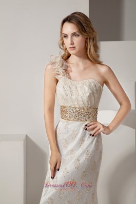 Floral One-shoulder Banded Waist Lace White Prom Celebrity Dress