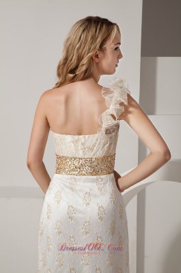 Floral One-shoulder Banded Waist Lace White Prom Celebrity Dress