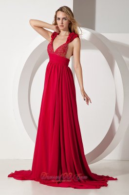 Straps V-neck Wine Red Fitted Prom Dress Brush Train 2013