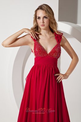 Straps V-neck Wine Red Fitted Prom Dress Brush Train 2013