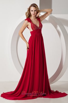 Straps V-neck Wine Red Fitted Prom Dress Brush Train 2013