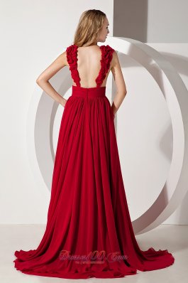 Straps V-neck Wine Red Fitted Prom Dress Brush Train 2013