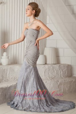 Grey Mermaid Lace and Chiffon Court Train Prom Dress