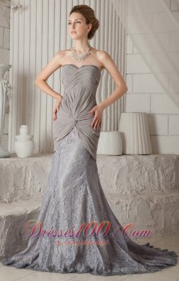 Grey Mermaid Lace and Chiffon Court Train Prom Dress