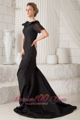 Black Bateau Short Sleeves Mermaid Open Back Prom Dress