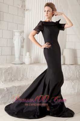 Black Bateau Short Sleeves Mermaid Open Back Prom Dress