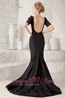 Black Bateau Short Sleeves Mermaid Open Back Prom Dress