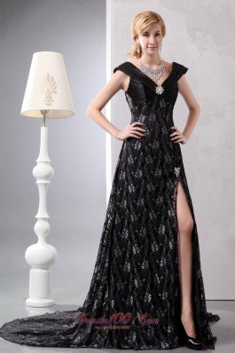 Fabulous Black V-neck Lace Slit Prom Celebrity Dress 2013