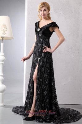 Fabulous Black V-neck Lace Slit Prom Celebrity Dress 2013