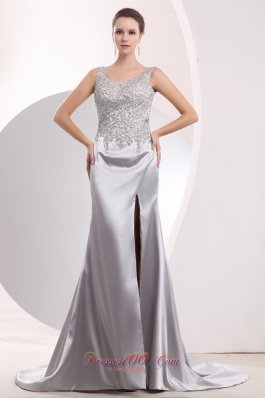 Sexy Scoop Silver Slit Open Back Appliques Evening Dress