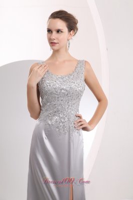 Sexy Scoop Silver Slit Open Back Appliques Evening Dress