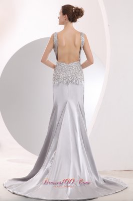 Sexy Scoop Silver Slit Open Back Appliques Evening Dress