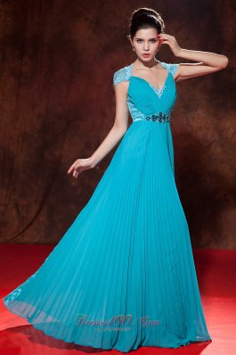Cap Sleeves V-neck Turquoise Prom Dress Button Back