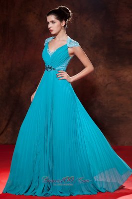 Cap Sleeves V-neck Turquoise Prom Dress Button Back