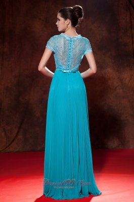 Cap Sleeves V-neck Turquoise Prom Dress Button Back