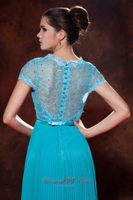 Cap Sleeves V-neck Turquoise Prom Dress Button Back