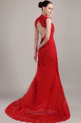 Lace Mermaid Red Prom Celebrity Dress with Peekaboo Keyhole