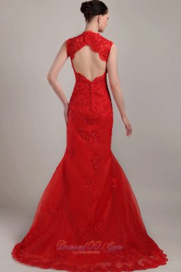 Lace Mermaid Red Prom Celebrity Dress with Peekaboo Keyhole