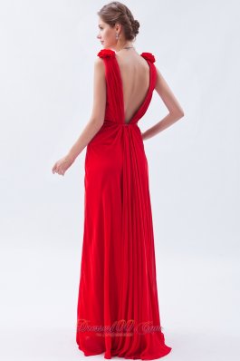 Plunging V-neck Open Back Red Flower Prom Dress