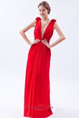 Plunging V-neck Open Back Red Flower Prom Dress