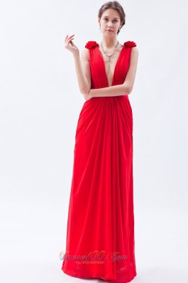 Plunging V-neck Open Back Red Flower Prom Dress