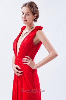 Plunging V-neck Open Back Red Flower Prom Dress