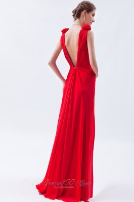 Plunging V-neck Open Back Red Flower Prom Dress