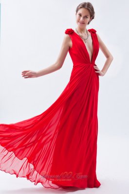 Plunging V-neck Open Back Red Flower Prom Dress