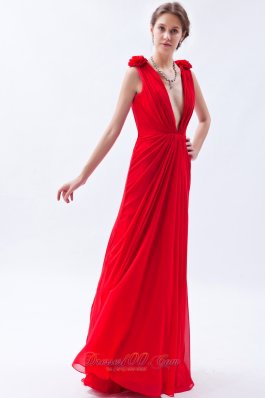 Plunging V-neck Open Back Red Flower Prom Dress