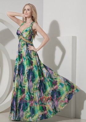 Printed Colorful Evening Maxi Dress Straps Sweetheart Crossed Back