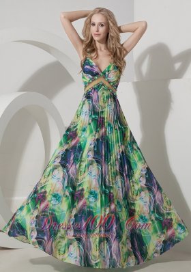 Printed Colorful Evening Maxi Dress Straps Sweetheart Crossed Back