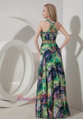 Printed Colorful Evening Maxi Dress Straps Sweetheart Crossed Back