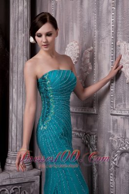 Teal Chiffon Strapless Evening Dress Sequins Court Train