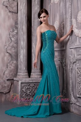 Teal Chiffon Strapless Evening Dress Sequins Court Train