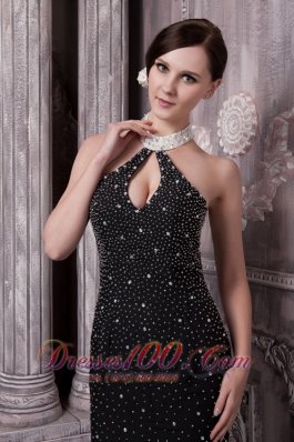 Sexy Beaded Black Evening Dress High-neck Keyhole Open