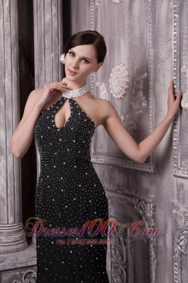 Sexy Beaded Black Evening Dress High-neck Keyhole Open