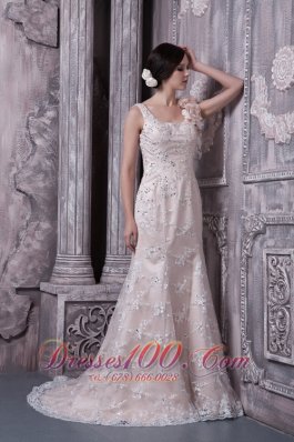 Champagne Prom Dress Lace and Hand Flower Open Back