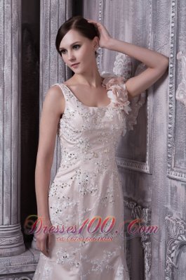 Champagne Prom Dress Lace and Hand Flower Open Back